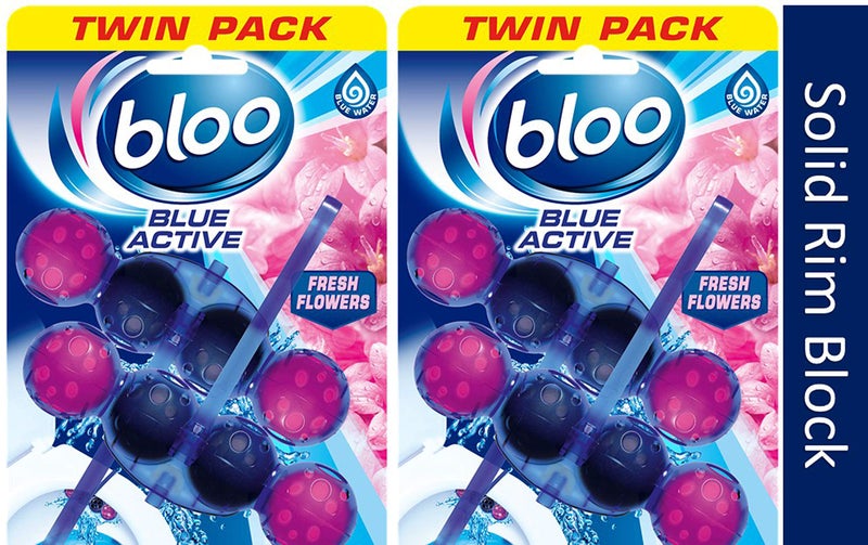 Bloo Solid Toilet Rim Blocks Blue Active Fresh Flower Twin Pack - 2x2x50g - (4 Rim Block) - Image 1
