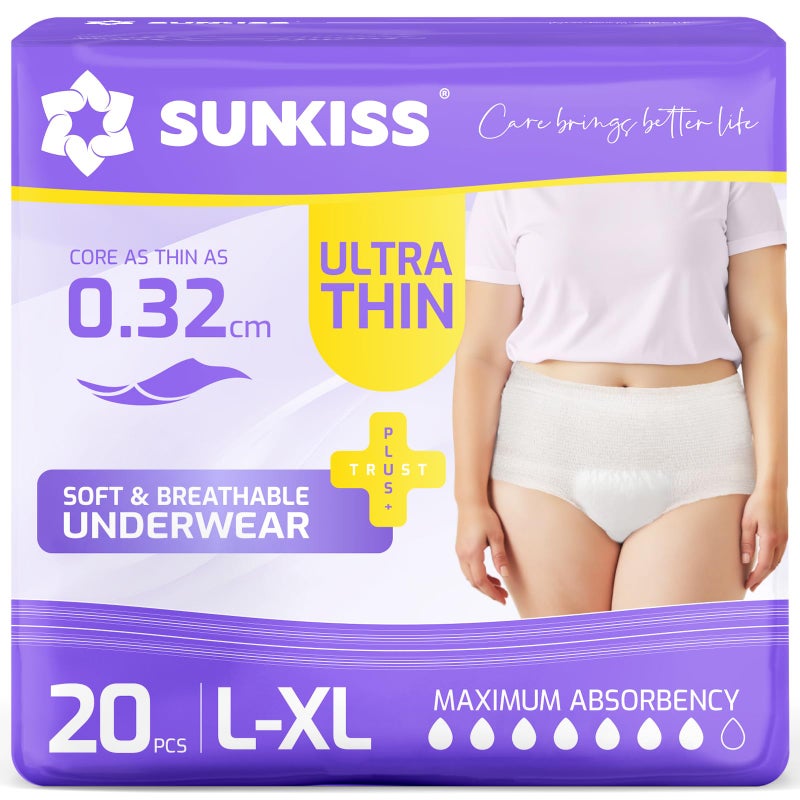 SUNKISS Ultra Thin Incontinence Underwear for Women, High Absorbency & Super Soft Postpartum Diapers, Disposable Adult Pull Ups, Large/XLarge, 20 Count - Image 1
