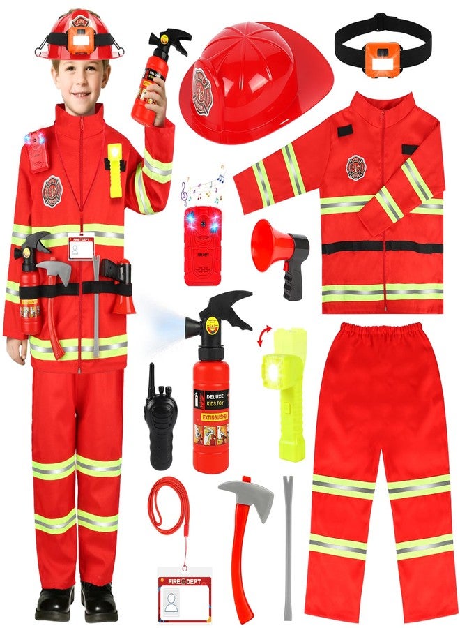 HUUIDY Firefighter Costume for Kids, Fireman Costume with Firefighter Tools, Fire Extinguisher, Helmet Light, Right Angle Flashlight, Kids Dress Up Clothes, Pretend Play Toys Gifts for Boys Age 4+ - Image 1
