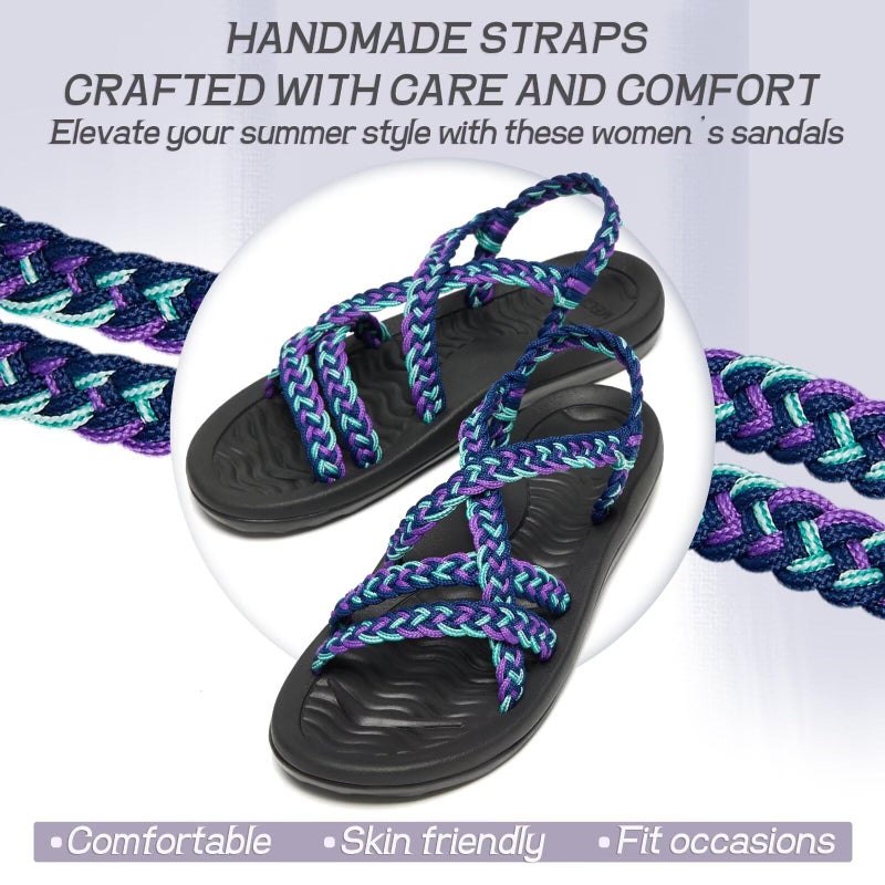 MEGNYA Comfortable Womens Walking Shoes for Supportive, Soft Hand-Woven Strap Sandals for Foot and Heel Pain, Wadable Slide Sandals for Summer Beach Boating Purple Blue Size 7 - Image 4