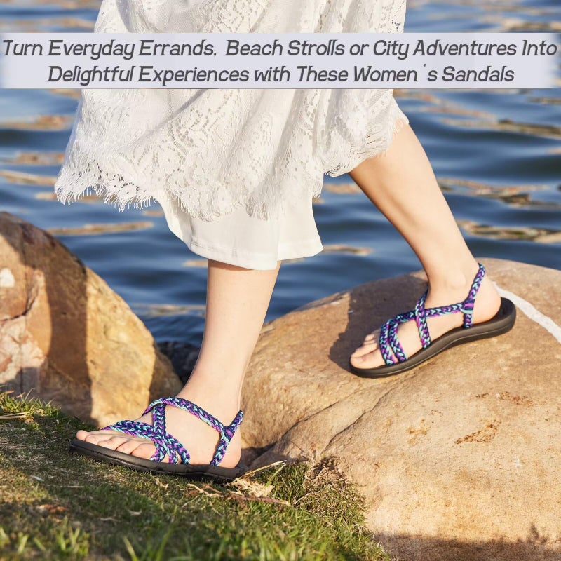 MEGNYA Comfortable Womens Walking Shoes for Supportive, Soft Hand-Woven Strap Sandals for Foot and Heel Pain, Wadable Slide Sandals for Summer Beach Boating Purple Blue Size 7 - Image 5