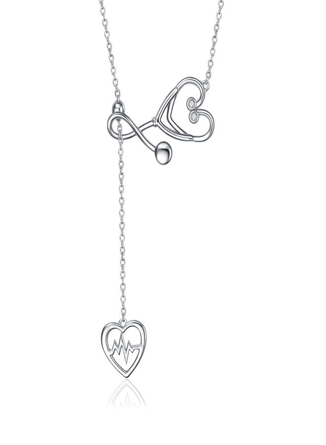 YFN Sterling Silver Stethoscope Jewelry Heartbeat EKG Adjustable Lariat Y Necklace for Women Doctor Nurse Gift (Stethoscope Lariat Necklace) - Image 1