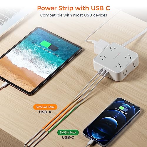 TESSAN Flat Plug Long Extension Cord 25 Ft, TESSAN Power Strip Surge Protector with 8 Outlets 3 USB Ports (1 USB C), 900J Protection Desktop Charging Station for Home, Office, Dorm Room Essentials - Image 3