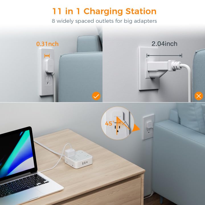 TESSAN Flat Plug Long Extension Cord 25 Ft, TESSAN Power Strip Surge Protector with 8 Outlets 3 USB Ports (1 USB C), 900J Protection Desktop Charging Station for Home, Office, Dorm Room Essentials - Image 5