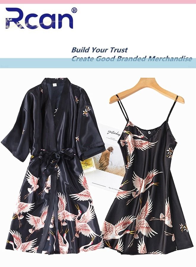 Rcan 2 Pieces Women's Fashionable French Vintage Print Pajamas Ice Silk Satin V Neck Suspender Dress Sleepwear Nightdress Loungewear Skirt and Robe Set Plus Size - Image 3