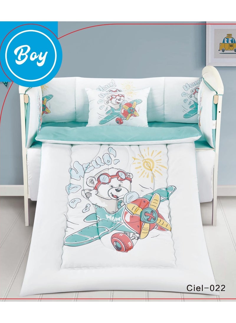 مفرش حاجز اطفال طقم مكون من 5 قطع مقاس-لحاف حشوة ثابتة مقاس ( 90×145) سم الشرشف  مقاس ( 110 ×160) سم كيس مخدة مقاس ( 45×35) سم حاجز للطفل مقاس ( 33×130) سم حاجز للطفل مقاس ( 33×300) سم