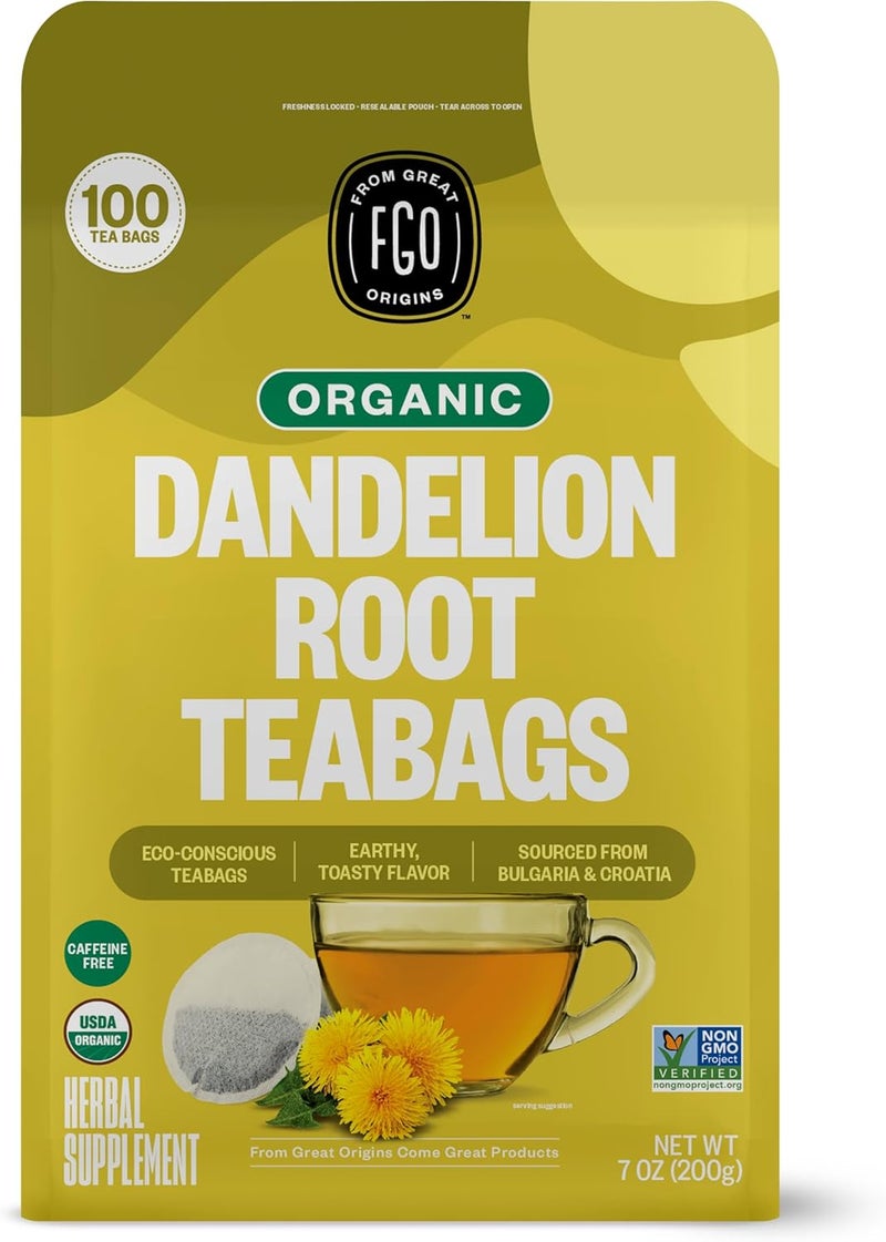 FGO Organic Dandelion Root Tea Bags - 100 Count, Eco-Conscious Herbal Supplement - Image 1