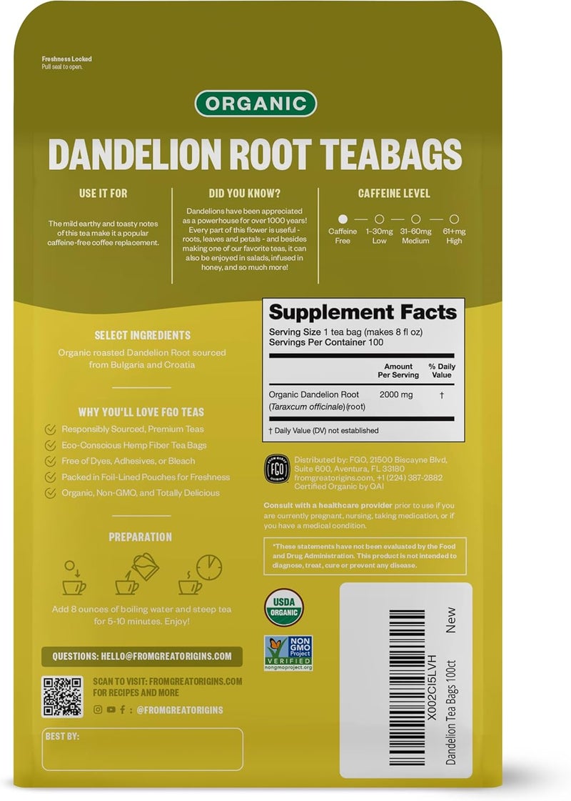 FGO Organic Dandelion Root Tea Bags - 100 Count, Eco-Conscious Herbal Supplement - Image 2