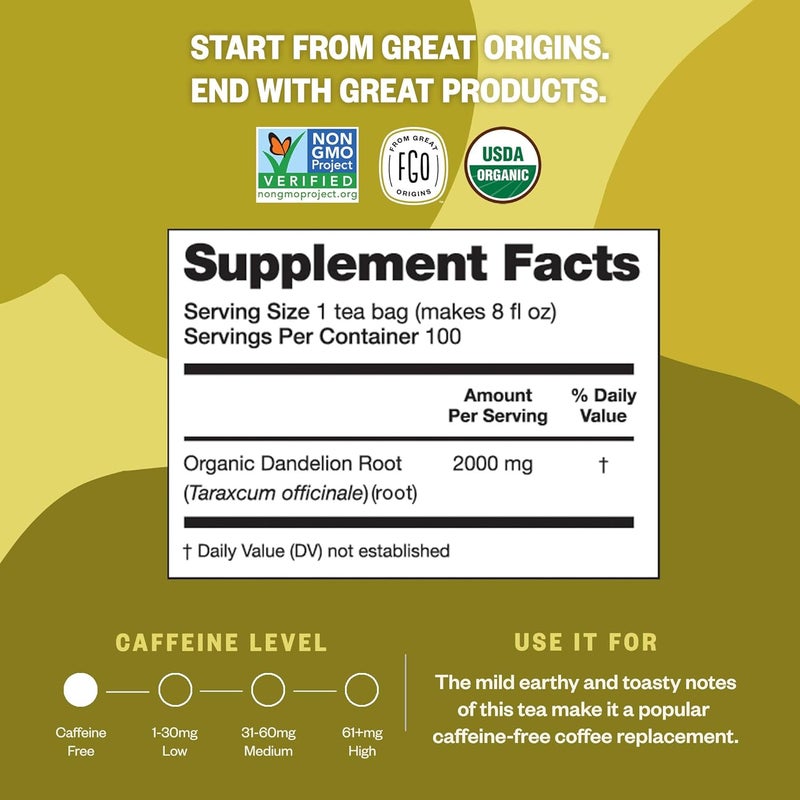 FGO Organic Dandelion Root Tea Bags - 100 Count, Eco-Conscious Herbal Supplement - Image 4