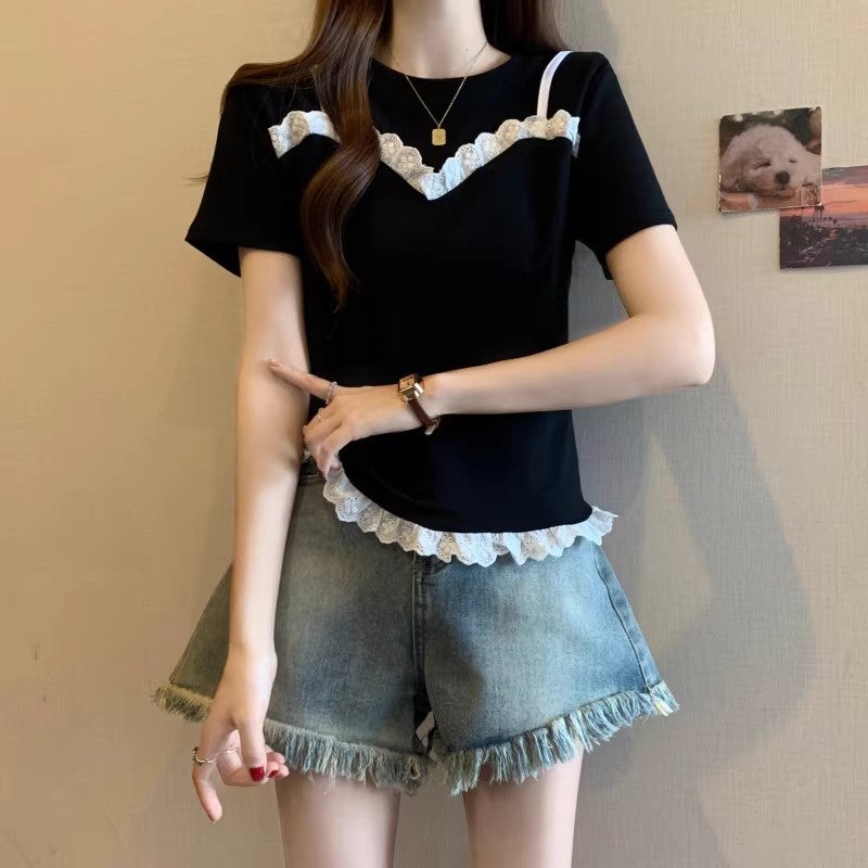 [40-Count Imitation Cotton Rib] Lace Splicing Short-Sleeved T-Shirt Women'S Summer Wear Large Size Fake Two-Piece Top - Image 2