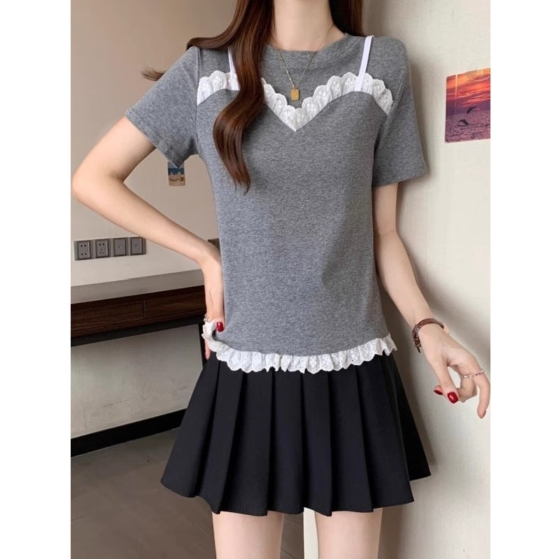 [40-Count Imitation Cotton Rib] Lace Splicing Short-Sleeved T-Shirt Women'S Summer Wear Large Size Fake Two-Piece Top - Image 5