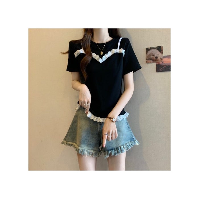 [40-Count Imitation Cotton Rib] Lace Splicing Short-Sleeved T-Shirt Women'S Summer Wear Large Size Fake Two-Piece Top - Image 1