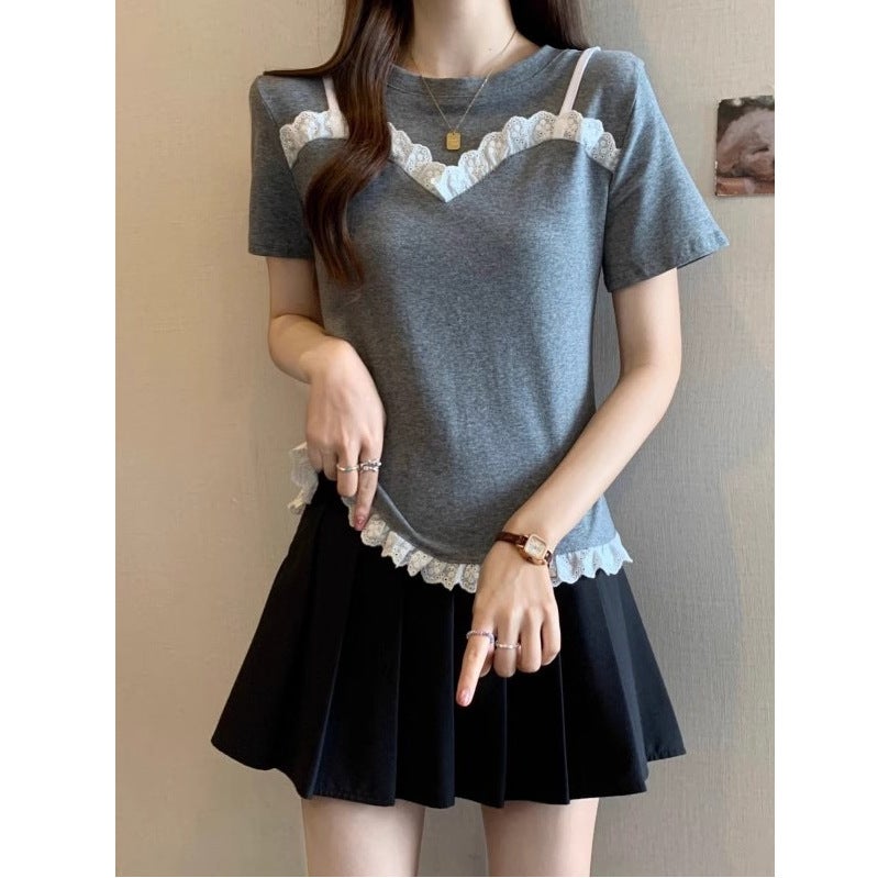 [40-Count Imitation Cotton Rib] Lace Splicing Short-Sleeved T-Shirt Women'S Summer Wear Large Size Fake Two-Piece Top - Image 3