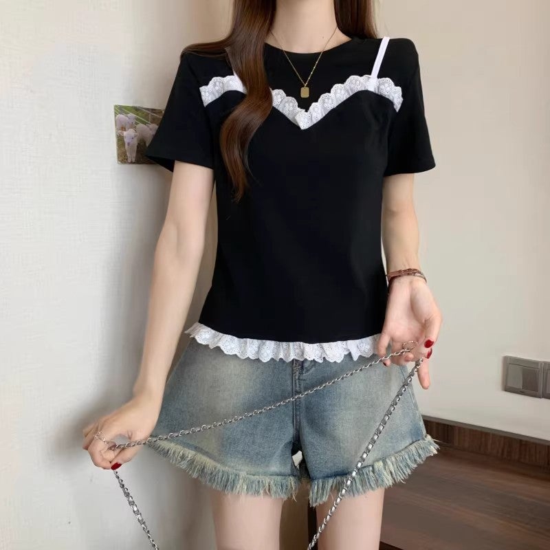 [40-Count Imitation Cotton Rib] Lace Splicing Short-Sleeved T-Shirt Women'S Summer Wear Large Size Fake Two-Piece Top - Image 4