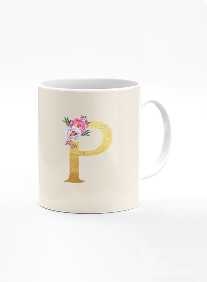 Stylizedd Stylizedd Designer Printed Coffee Mug 11oz Ceramic Personalised Gift Mugs Cup -Custom Monogram Initial Letter Floral Pattern Alphabet - P ( Albescent White ) - Image 1