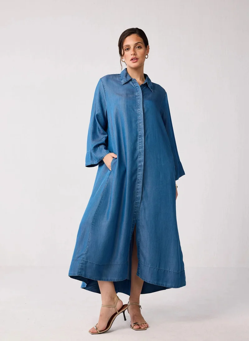 نور Oversized Maxi Tencel Shirt Dress In Blue