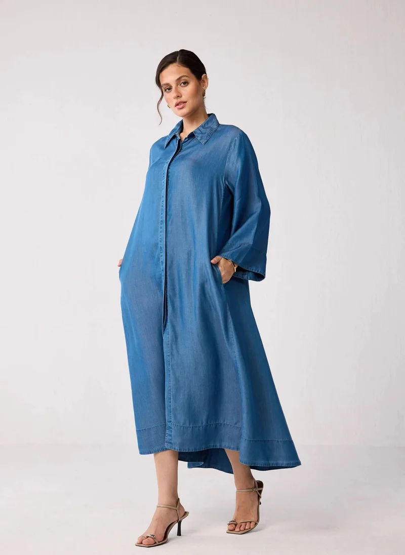 نور Oversized Maxi Tencel Shirt Dress In Blue