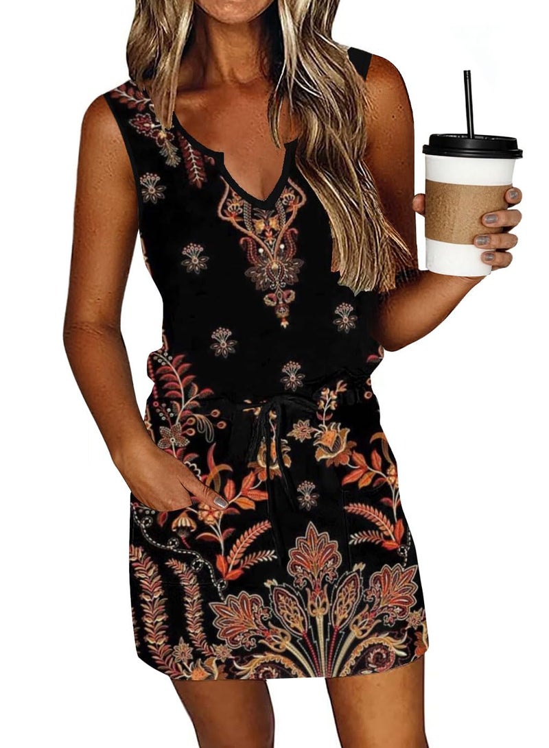 SAUKOLE Women's Summer T Shirt Swing Dress Casual Sleeveless Drawstring Waist Mini Dresses - Image 1