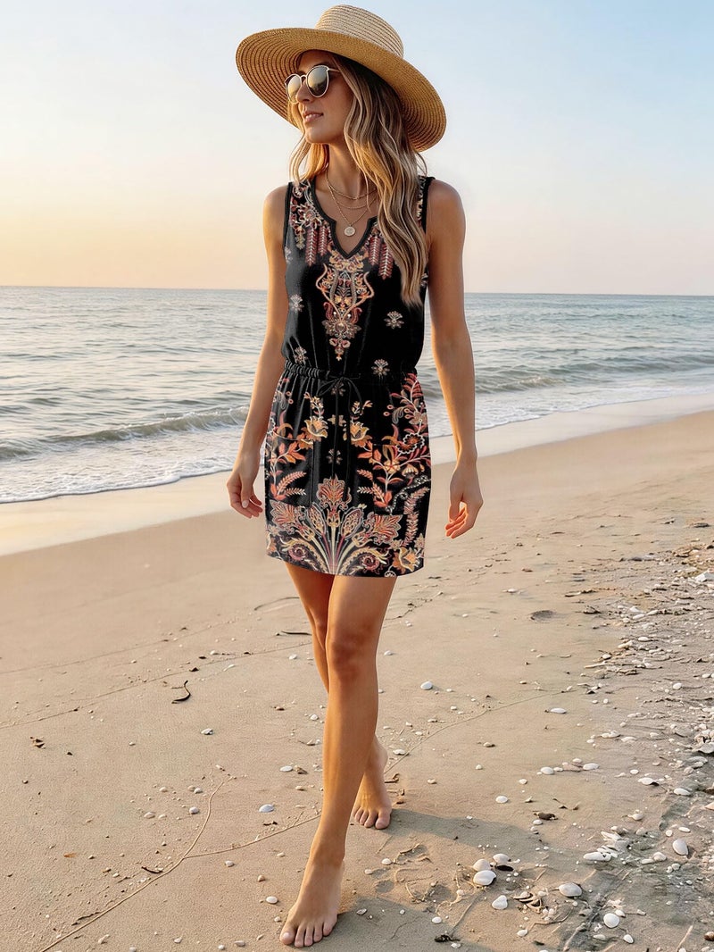 SAUKOLE Women's Summer T Shirt Swing Dress Casual Sleeveless Drawstring Waist Mini Dresses - Image 3