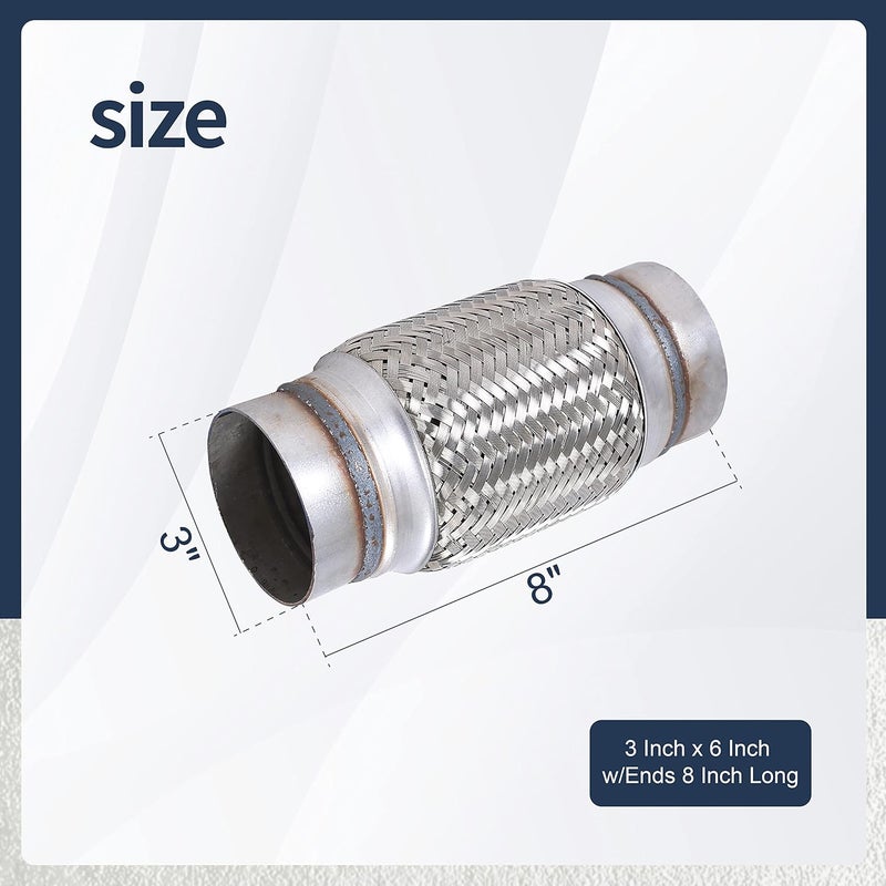 FGJQEFG أنبوب مرونة العادم FGJQEFG من الفولاذ المقاوم للصدأ مع ضفيرة 3" × 6" مع نهايات بطول 8" إجمالي - Image 3