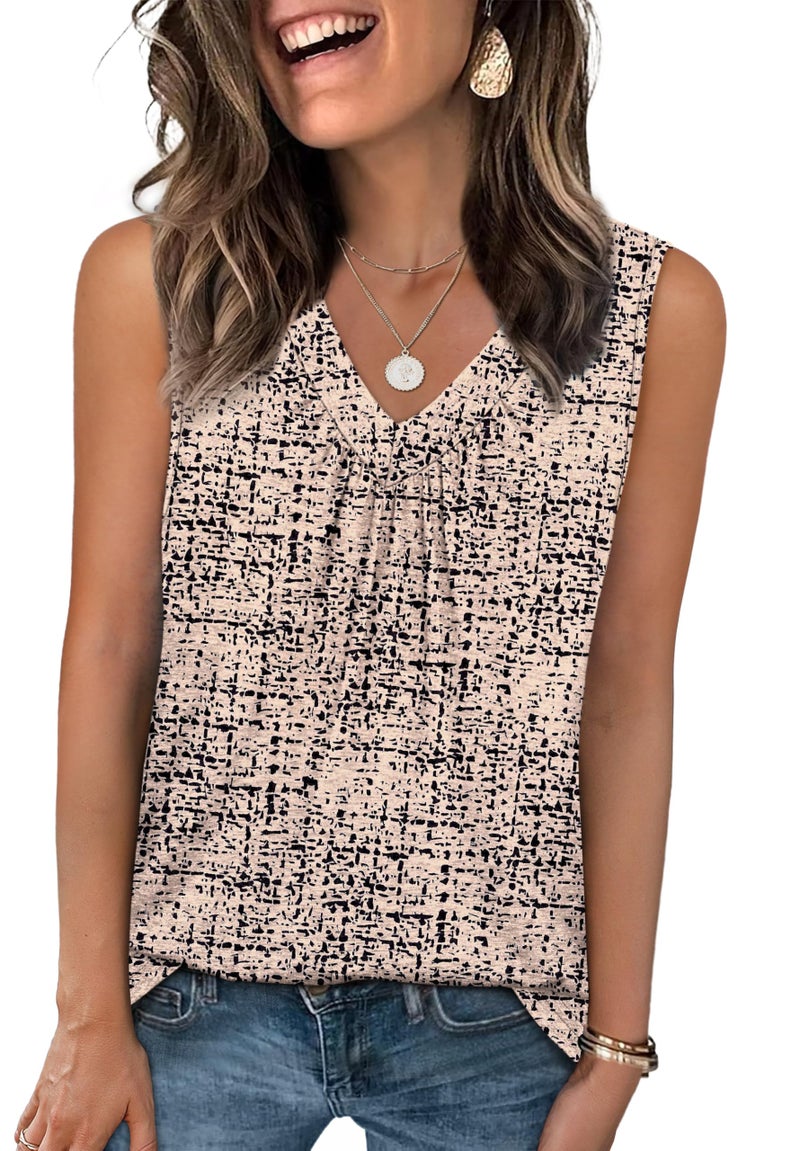 OFEEFAN Summer Outfits for Women 2026 Women's Tank Tops Spring Fashion V Neck Shirts Beach Vacation Essentials Z-Beige Pattern L - Image 1