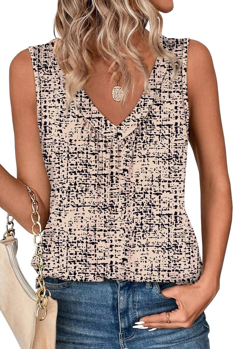 OFEEFAN Summer Outfits for Women 2026 Women's Tank Tops Spring Fashion V Neck Shirts Beach Vacation Essentials Z-Beige Pattern L - Image 3