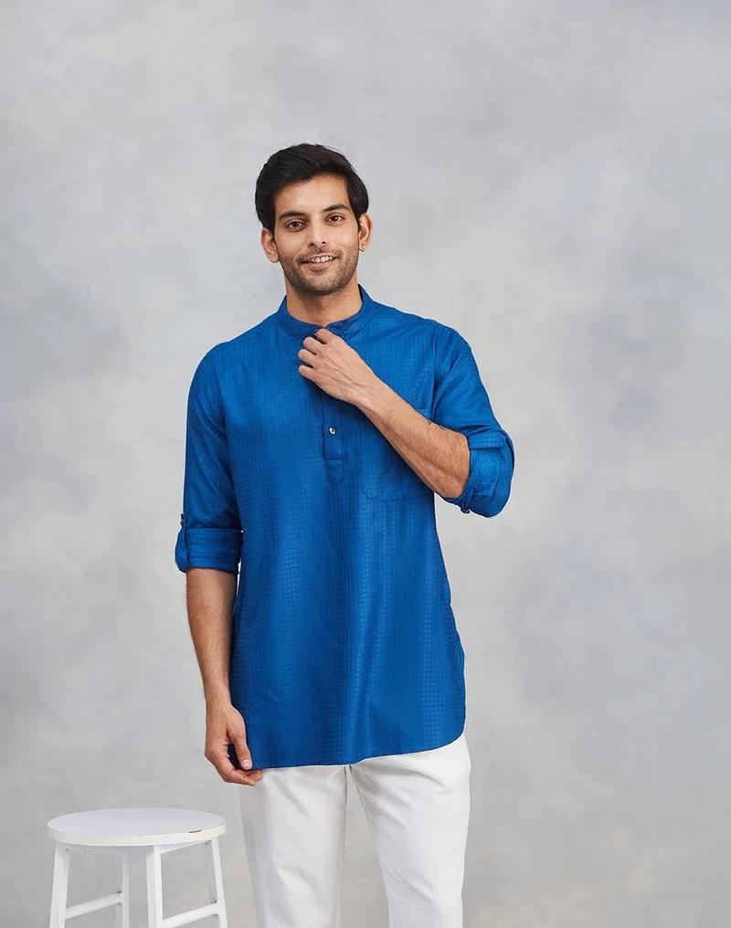 Fabindia Blue Viscose Blend Dobby Slim Fit Short Kurta