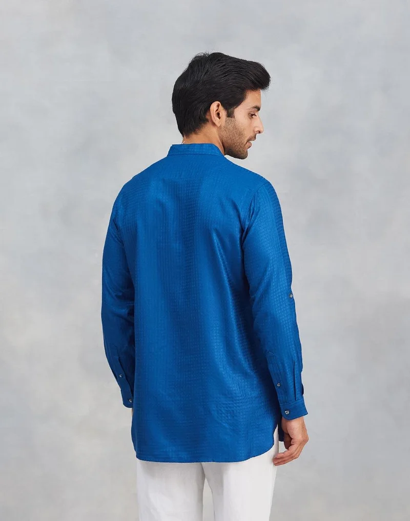 Fabindia Blue Viscose Blend Dobby Slim Fit Short Kurta
