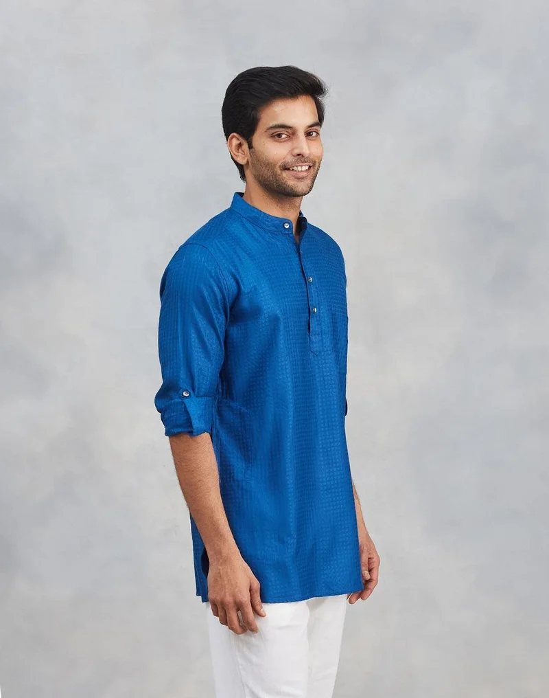 Fabindia Blue Viscose Blend Dobby Slim Fit Short Kurta