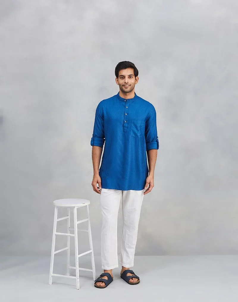 Fabindia Blue Viscose Blend Dobby Slim Fit Short Kurta