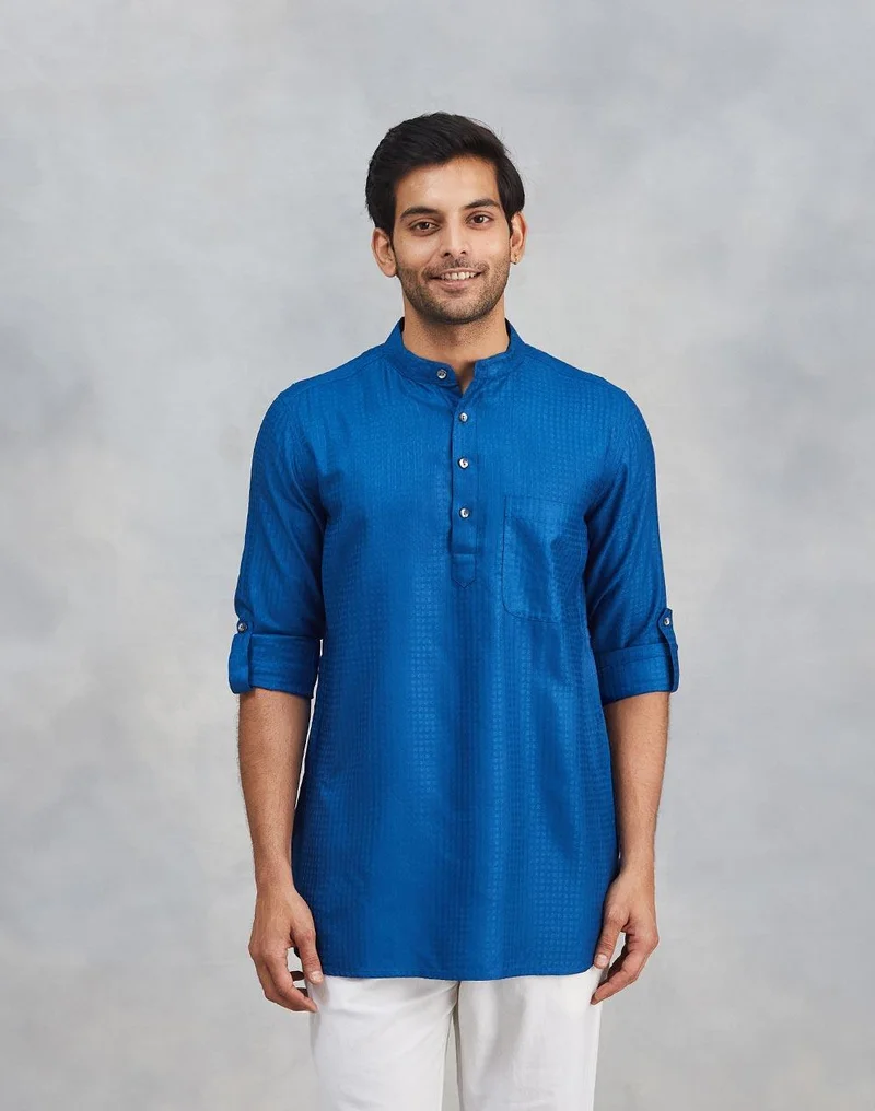Fabindia Blue Viscose Blend Dobby Slim Fit Short Kurta