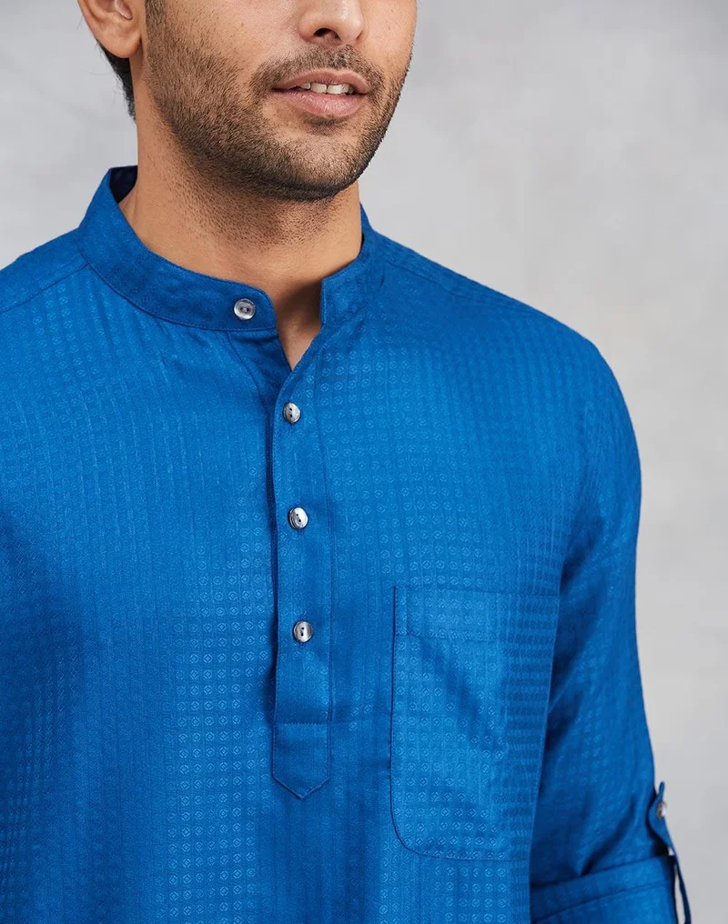 Fabindia Blue Viscose Blend Dobby Slim Fit Short Kurta