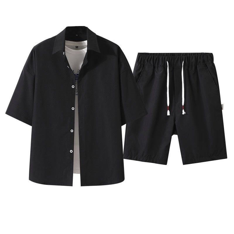 Short-sleeved Shirt Shorts Trendy Brand Summer New Shirt suit Student Teenager Mens Casual Two-piece Mens Clothing Black