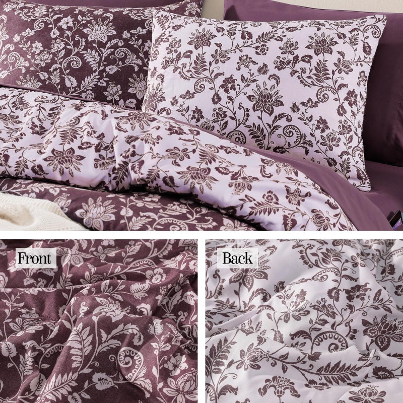 BLOOMHAVEN Queen Comforter Set -7 Pieces Floral Dark Purple Comforter Set for All Seasons, Bed in a Bag Queen with Botanical Flowers Comforter, Sheets, Pillowcases & Shams - Image 5