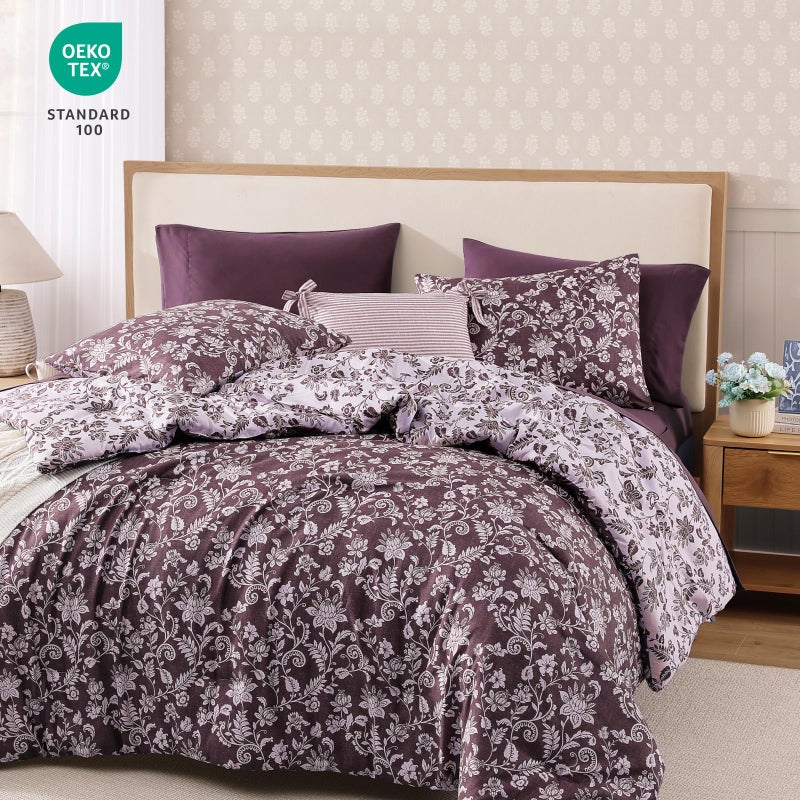 BLOOMHAVEN Queen Comforter Set -7 Pieces Floral Dark Purple Comforter Set for All Seasons, Bed in a Bag Queen with Botanical Flowers Comforter, Sheets, Pillowcases & Shams - Image 2