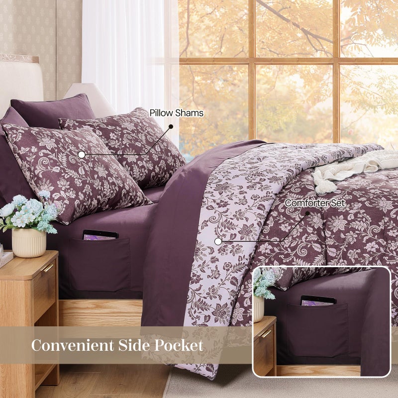 BLOOMHAVEN Queen Comforter Set -7 Pieces Floral Dark Purple Comforter Set for All Seasons, Bed in a Bag Queen with Botanical Flowers Comforter, Sheets, Pillowcases & Shams - Image 4