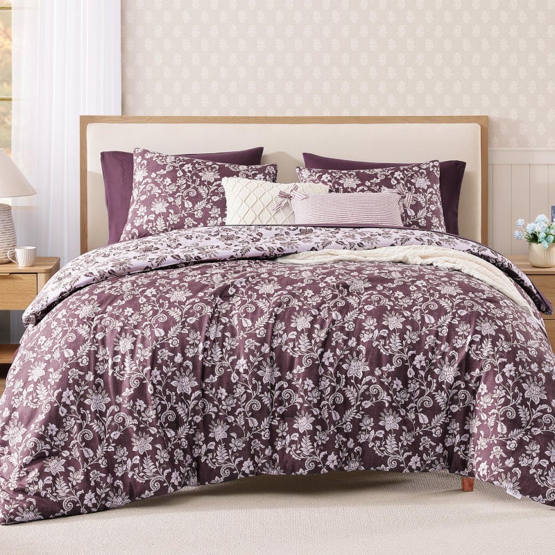 BLOOMHAVEN Queen Comforter Set -7 Pieces Floral Dark Purple Comforter Set for All Seasons, Bed in a Bag Queen with Botanical Flowers Comforter, Sheets, Pillowcases & Shams - Image 1