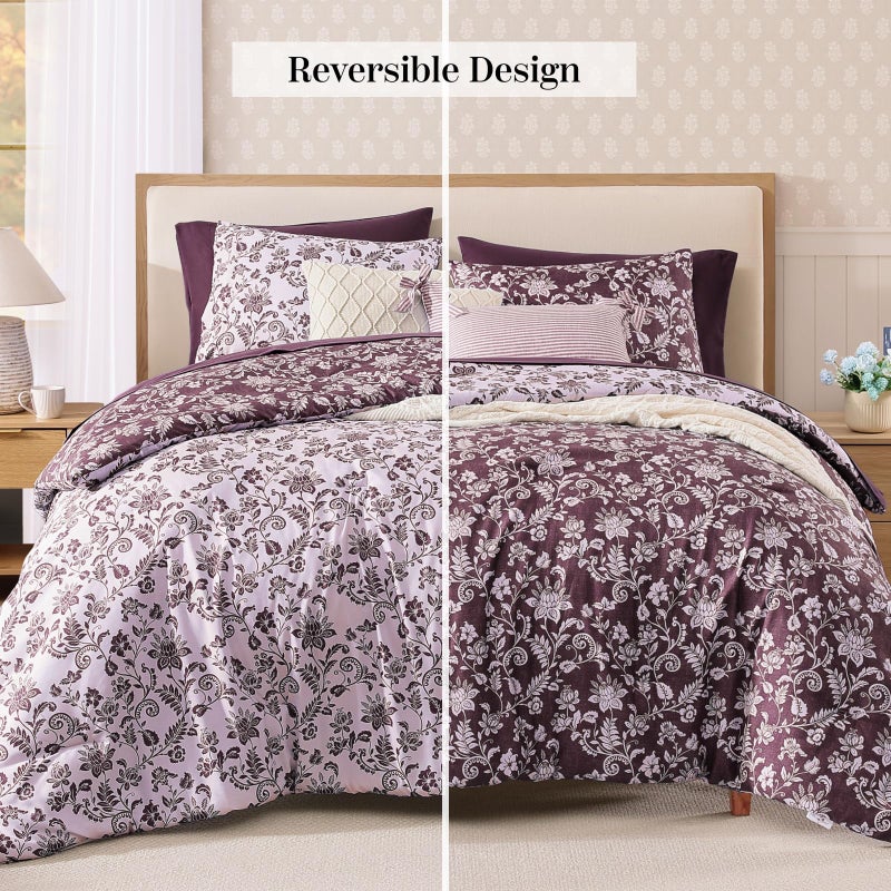 BLOOMHAVEN Queen Comforter Set -7 Pieces Floral Dark Purple Comforter Set for All Seasons, Bed in a Bag Queen with Botanical Flowers Comforter, Sheets, Pillowcases & Shams - Image 3