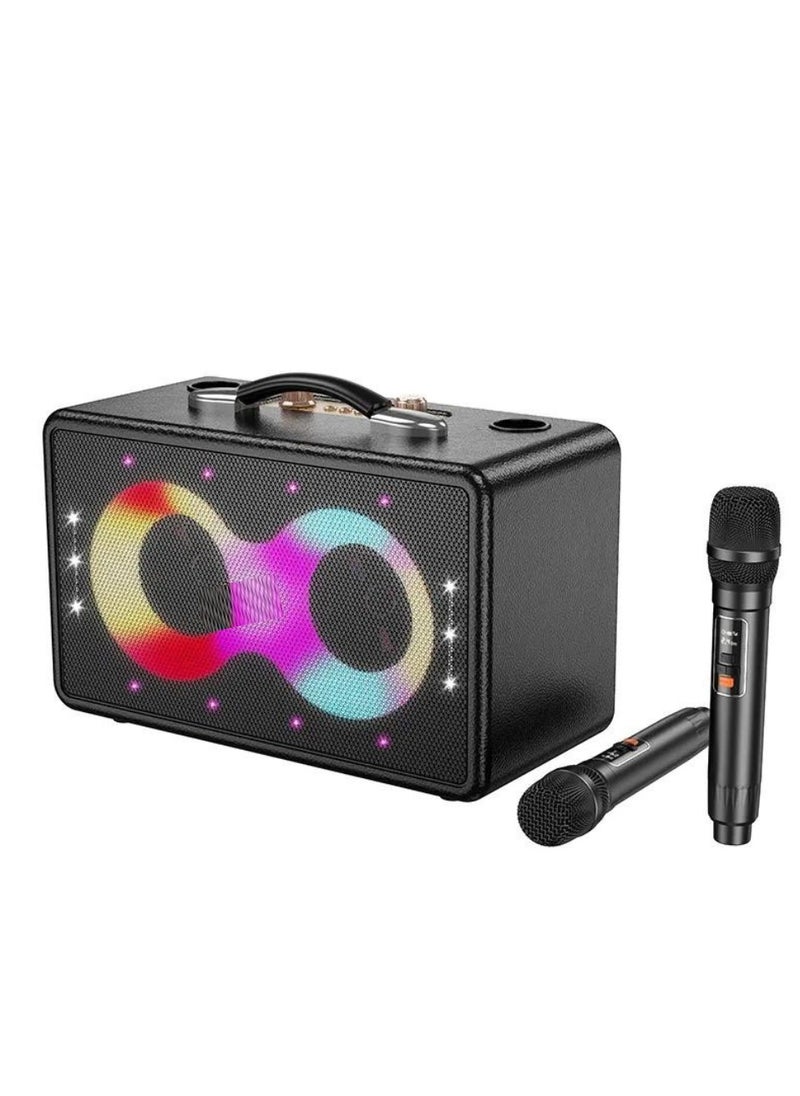 Portable Bluetooth Speaker with 60W Peak Output | Dual 15W Full-Range Speakers & 5W Tweeter | Dual Wireless Microphones | RGB Strobe Light Show | 2×3000mAh Battery | USB-C Fast Charging | 6H Music / 8H Mic Playback | TF Card / USB / AUX Support | Reverb & Echo Vocal Effects | Ideal for Parties, Karaoke, Outdoor Events & Travel