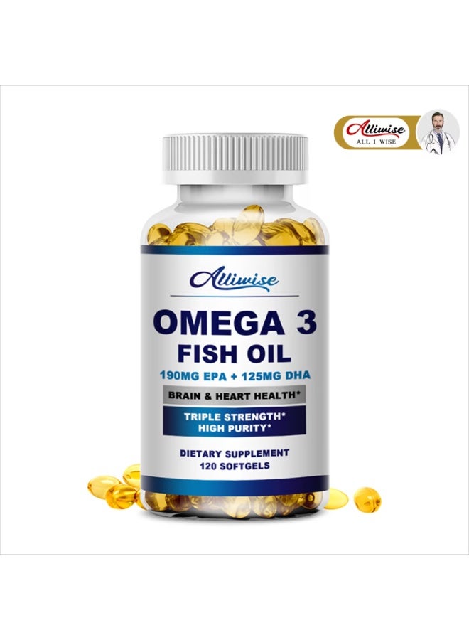 ألي وايز أوميغا 3 زيت السمك – 120 كبسولة طرية – تركيبة قوية تحتوي على 190 مجم EPA و125 مجم DHA – لدعم صحة القلب والدماغ والمفاصل – نقاء عالٍ بدون طعم السمك - Image 1