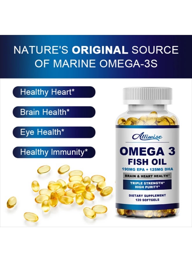 ألي وايز أوميغا 3 زيت السمك – 120 كبسولة طرية – تركيبة قوية تحتوي على 190 مجم EPA و125 مجم DHA – لدعم صحة القلب والدماغ والمفاصل – نقاء عالٍ بدون طعم السمك - Image 3