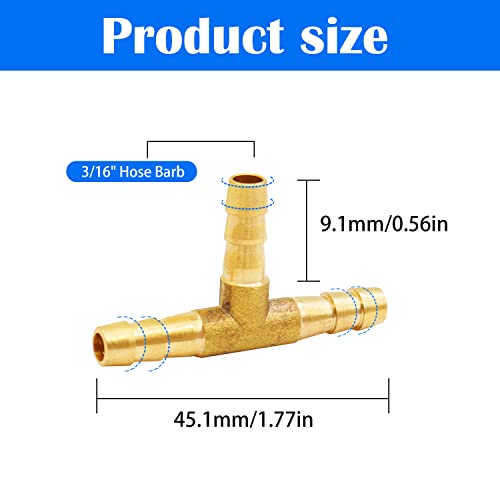 Tnuocke 3pcs 3/16" Brass Tee Barb Fittings,3 Way Union Intersection Fitting T Shape Barbed Splitter Fitting Splicer with Hose Clamps for Water Fuel Air H-058-3/16 - Image 4