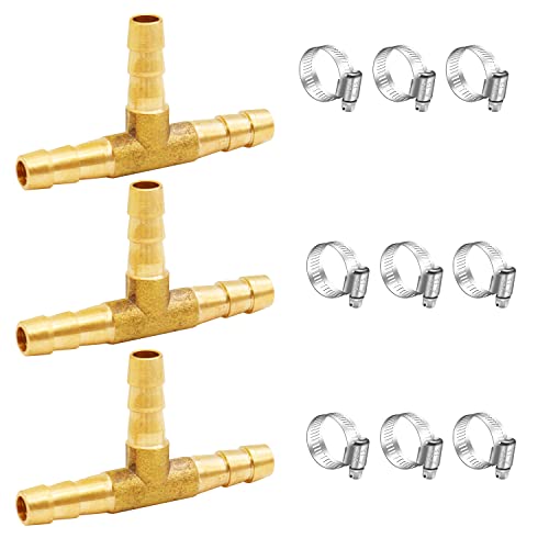 Tnuocke 3pcs 3/16" Brass Tee Barb Fittings,3 Way Union Intersection Fitting T Shape Barbed Splitter Fitting Splicer with Hose Clamps for Water Fuel Air H-058-3/16 - Image 1