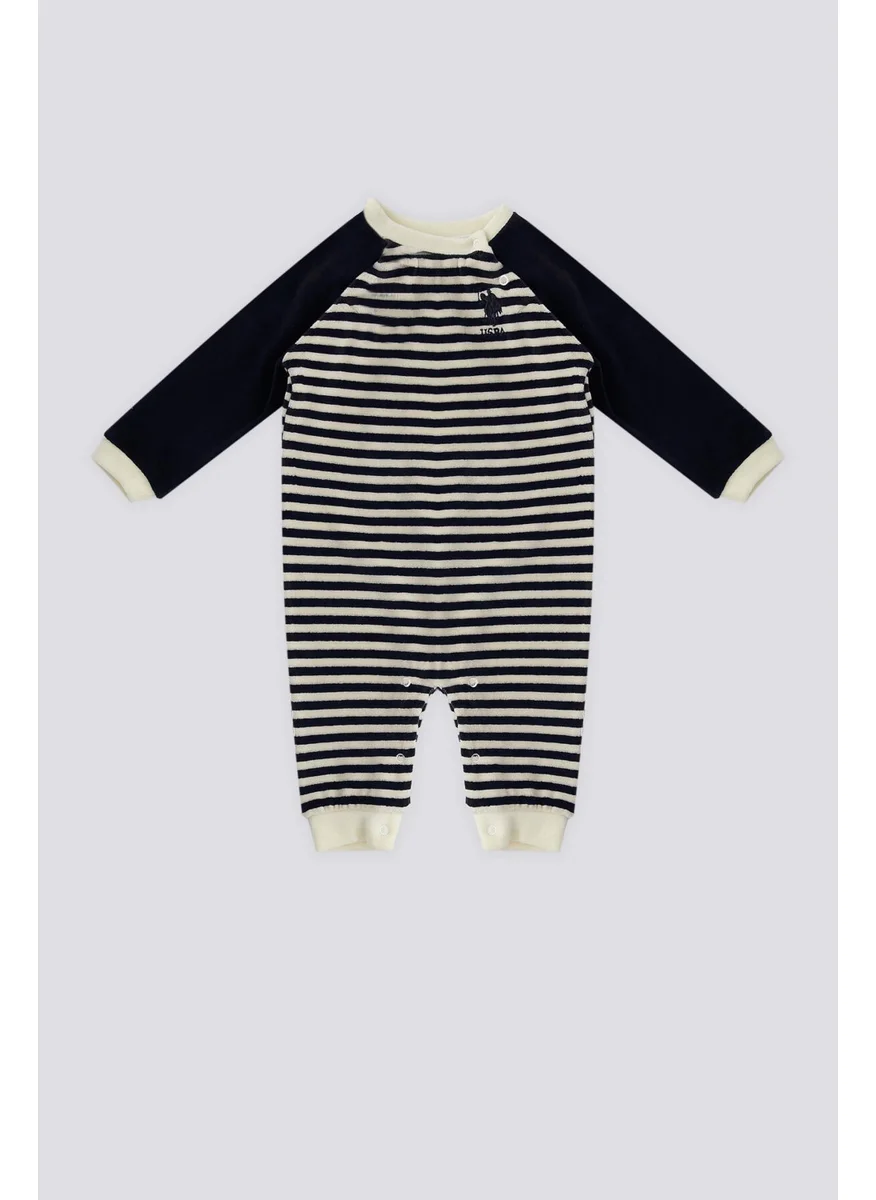 يو اس بولو اسن Ecru Stripe Detail Snap Collar Baby Jumpsuit