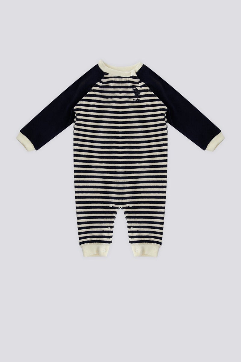 U.S. Polo Assn. Ecru Stripe Detail Snap Collar Baby Jumpsuit  - Image 1