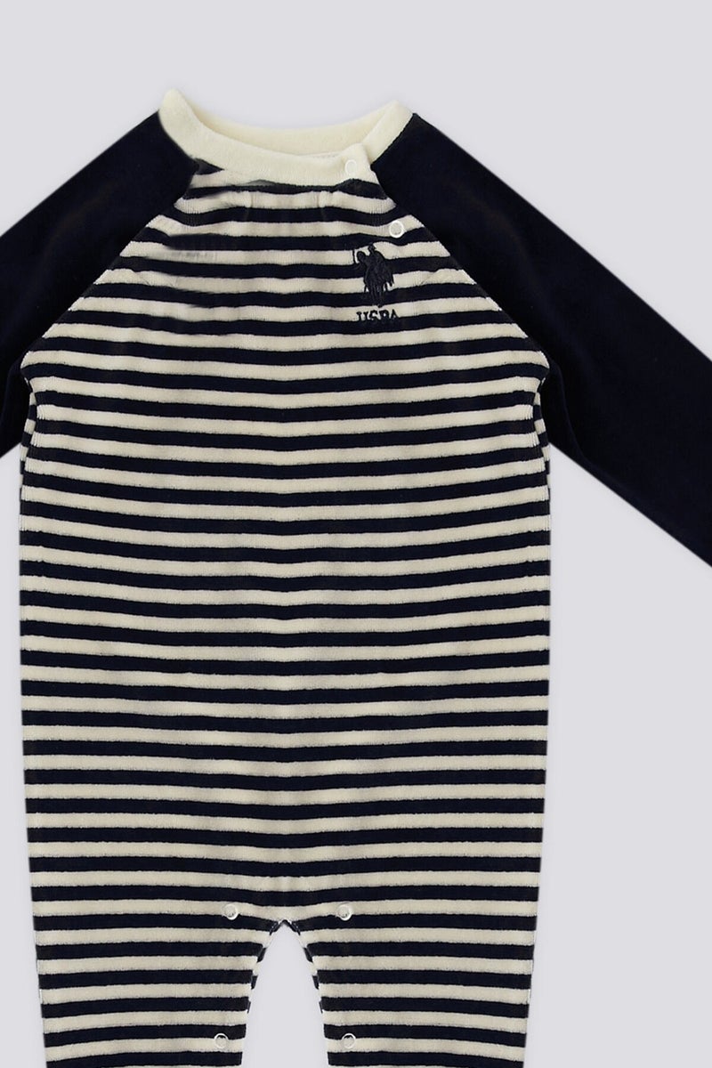 U.S. Polo Assn. Ecru Stripe Detail Snap Collar Baby Jumpsuit  - Image 3