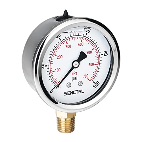 SENCTRL 100 Psi Lead-Free Glycerin Liquid Filled Low Pressure Gauge, 2.5" Dial Size, 1/4" NPT Lower Mount, Stainless Steel Case, for Home Potable Water Pump, Air, Well, RV Hose, Pressure Test - Image 1