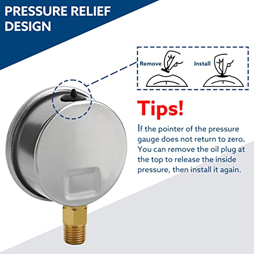SENCTRL 100 Psi Lead-Free Glycerin Liquid Filled Low Pressure Gauge, 2.5" Dial Size, 1/4" NPT Lower Mount, Stainless Steel Case, for Home Potable Water Pump, Air, Well, RV Hose, Pressure Test - Image 5