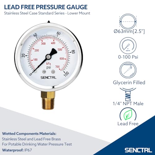 SENCTRL 100 Psi Lead-Free Glycerin Liquid Filled Low Pressure Gauge, 2.5" Dial Size, 1/4" NPT Lower Mount, Stainless Steel Case, for Home Potable Water Pump, Air, Well, RV Hose, Pressure Test - Image 2