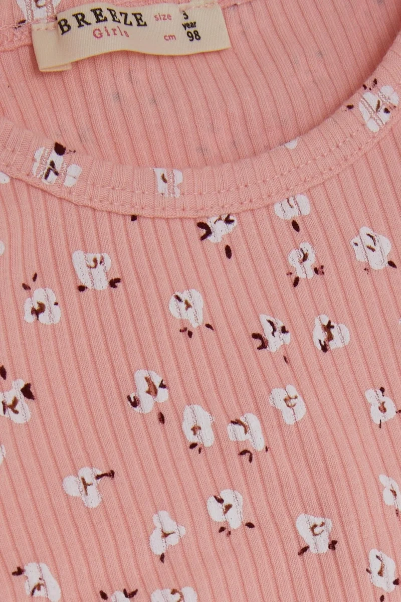 Breeze Girl's Long Sleeve T-Shirt Floral Patterned Ruffle Shoulder 2-6 Years, Salmon